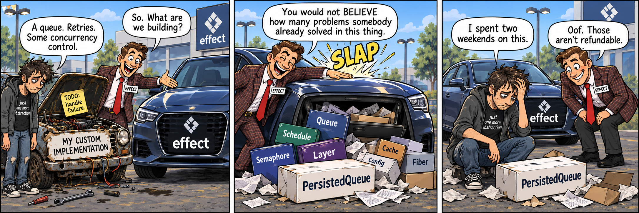 Three-panel comic: a tired developer stands beside a broken car labeled "My custom implementation" and tells an Effect salesperson they need a queue, retries, and concurrency control. The salesperson slaps the roof of an Effect car: "You would not BELIEVE how many problems somebody already solved in this thing." Modules spill out, including PersistedQueue. The developer says, "I spent two weekends on this." The salesperson replies, "Oof. Those aren’t refundable."