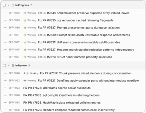Tim's work board showing audit PR tasks in In Progress and In Review, including fixes for SQL, Headers, Struct, Chunk, and SchemaGetter.