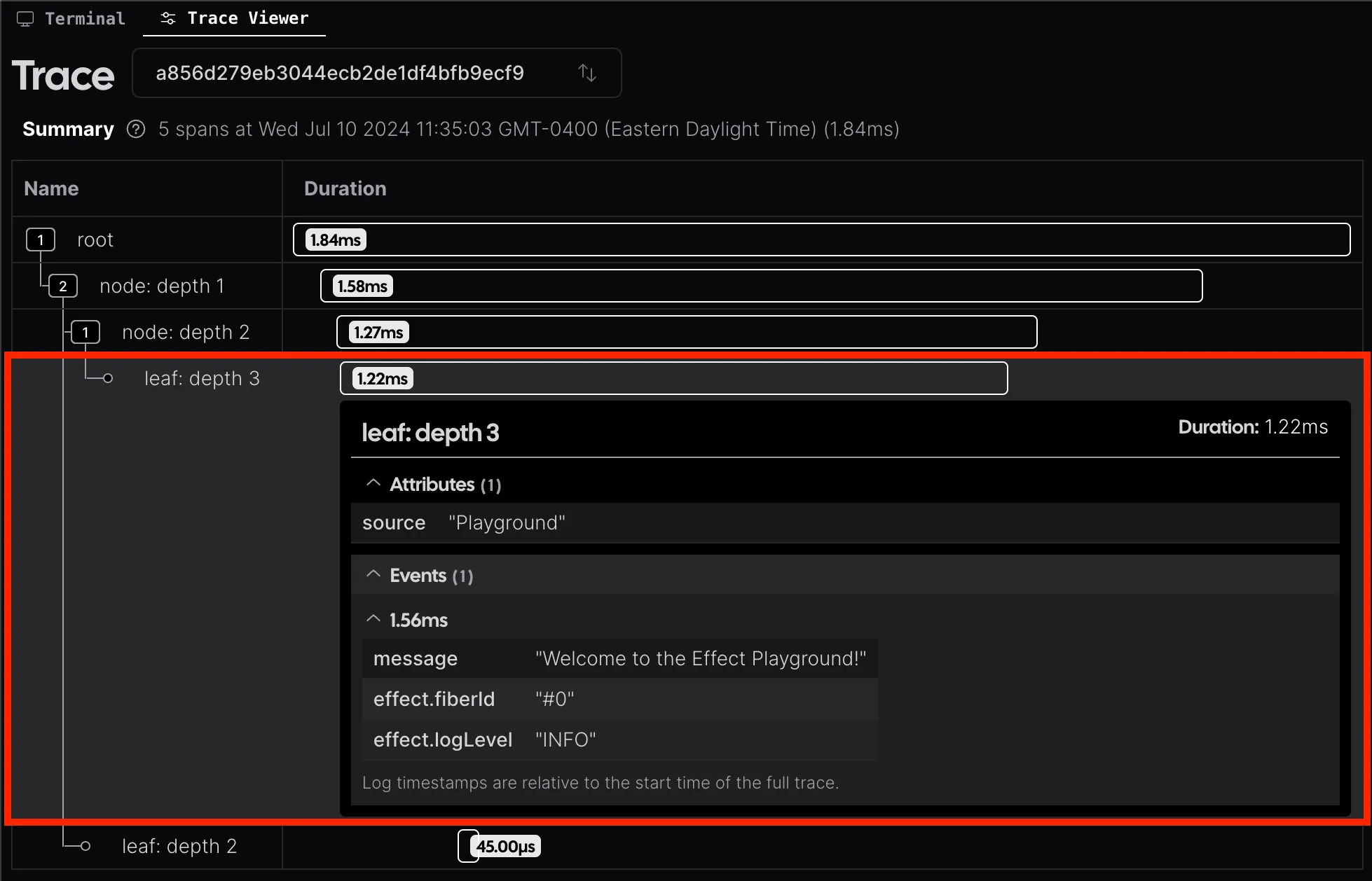 Picture of the Effect Playground's built-in trace viewer with span details displayed