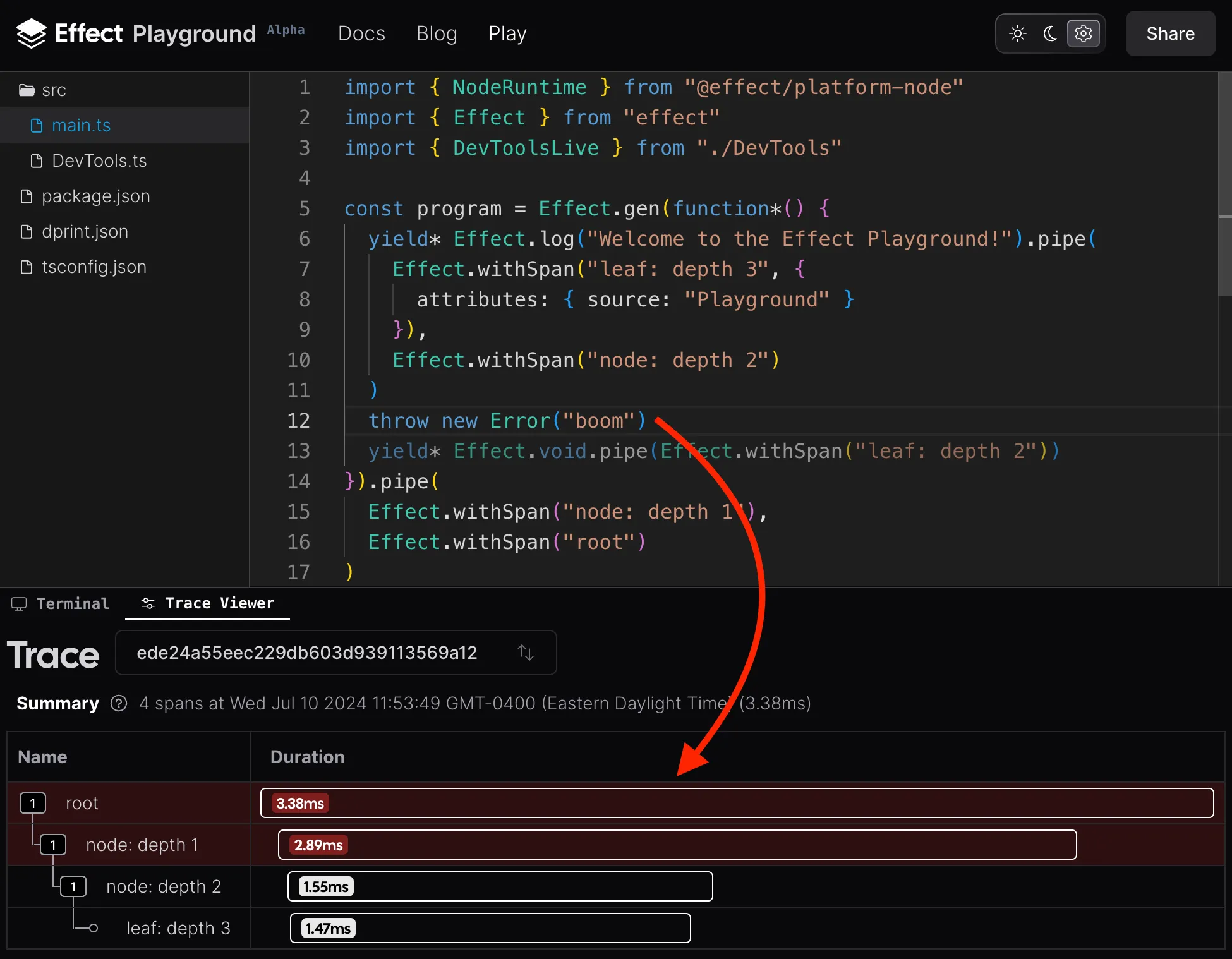 Picture of the Effect Playground’s built-in trace viewer showing a span containing an error