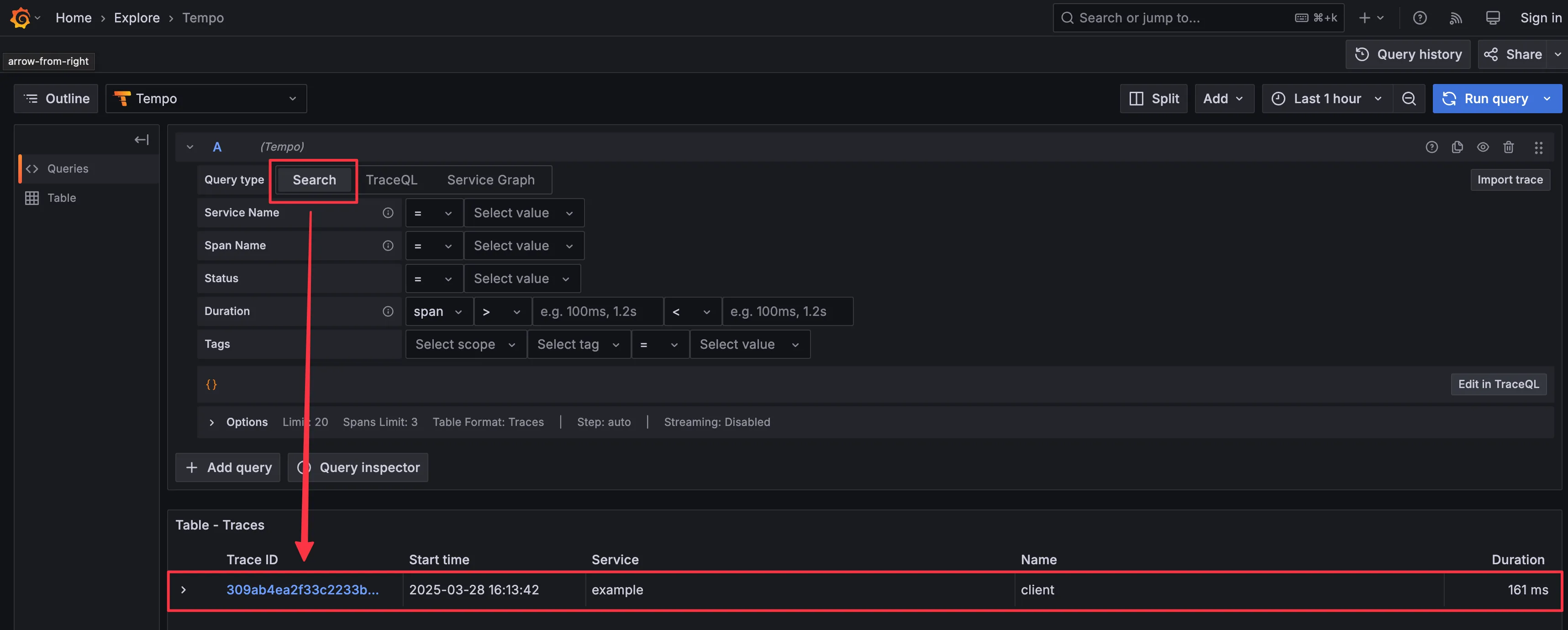 The Grafana Tempo TraceQL interface with the Search selector outlined by a red box Tempo Search Selector