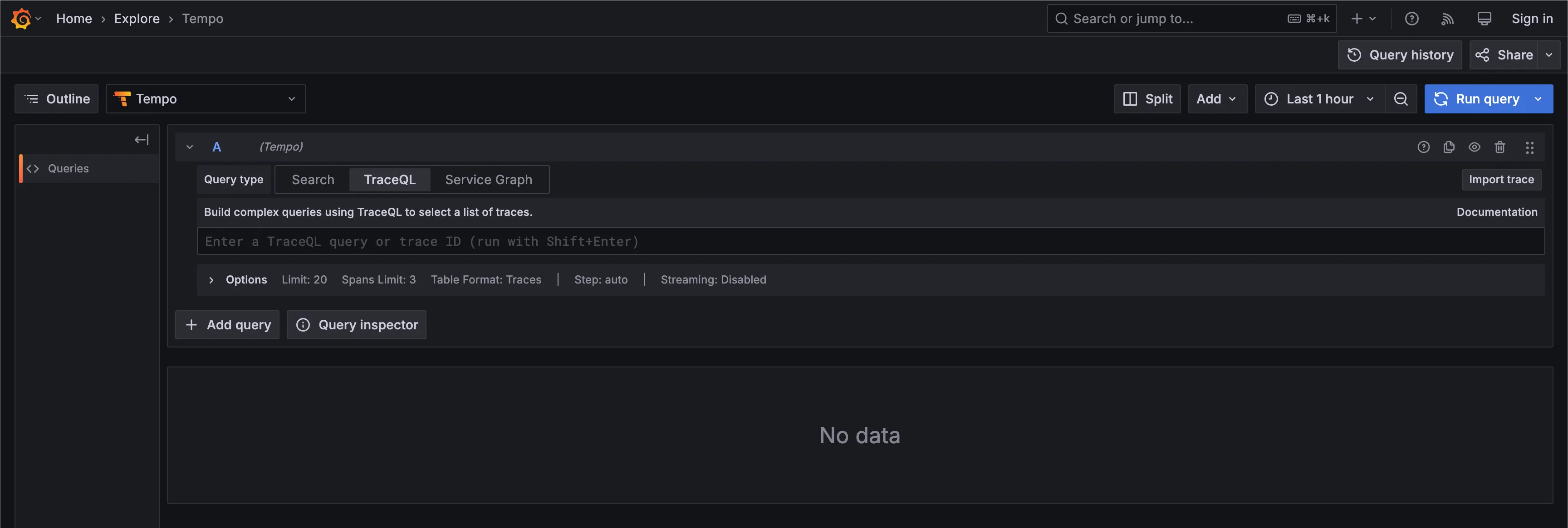 The Grafana Tempo TraceQL interface without a TraceQL query specified Tempo TraceQL Interface