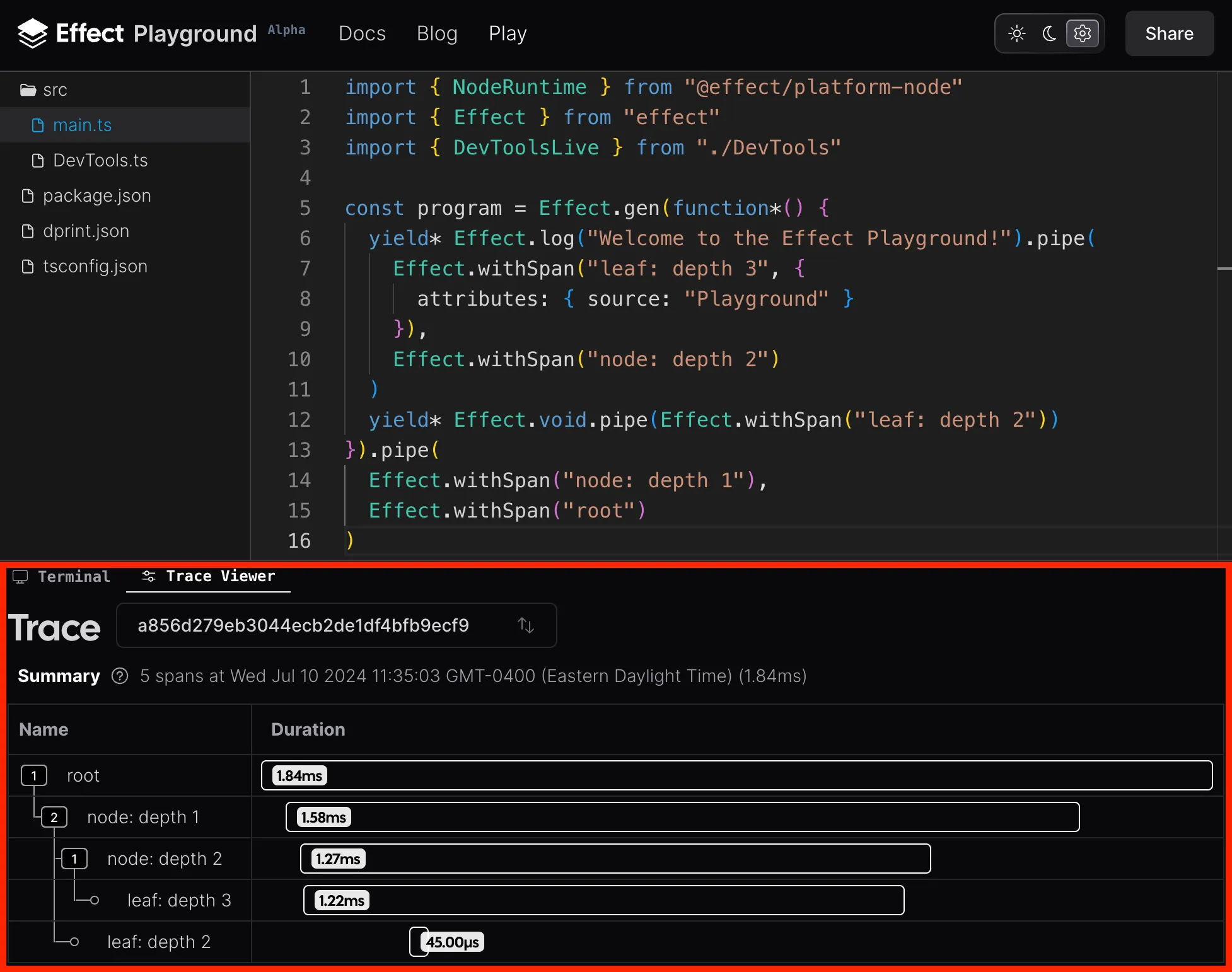 Picture of the Effect Playground’s built-in trace viewer
